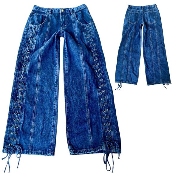 Y2K LACE UP JEANS JOGGERS GRUNGE STREETWEAR BEADED TOP SHIRT BUNDLE M/L - Picture 2 of 8